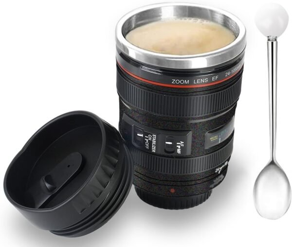 Coffee Mug, Funny Camera Lens Mug, Travel Coffee Cup with Lid, Insulated Tumbler for Hot Ice Coffee Cola Milk Tea | Ideal Gifts for Photographers Sweeties Men Women Birthday Xmas (350ml, Black)