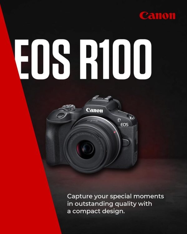 Canon EOS R100 + RF-S 18-45mm F4.5-6.3 IS STM Lens – Compact Mirrorless Digital Camera – 24.1 MP, 4K Video – 6.5fps Continuous Shooting – Face & Eye Detection, Bluetooth, Wi-Fi – Camera Bag+64GB Card