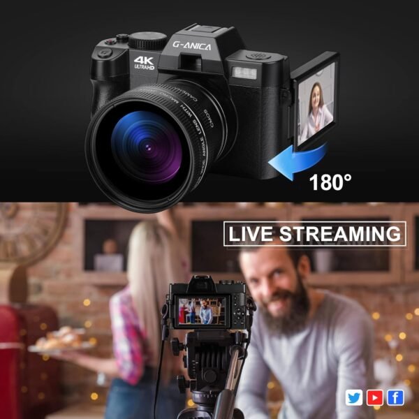 4K Digital Cameras for Photography, 48MP Vlogging Camera for YouTube with WiFi, 180 Flip Screen Compact Camera with Flash, 16X Digital Zoom Travel Camera with Wide-Angle &Macro Lens