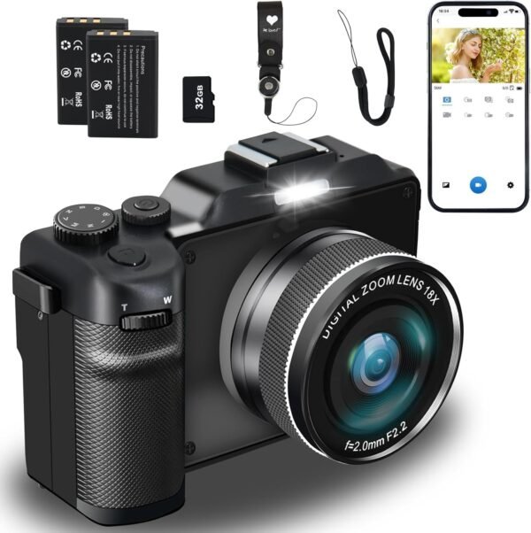 4K Digital Camera,48MP 18X Digital Zoom Autofocus Vlogging Camera with 32G Memory Card 2 Batteries,Cameras for Photography Camcorder for YouTube