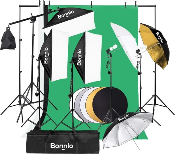 Bonnlo Photography Video Lighting Kit, 2M x 3M Background Stand Backdrop Support System, Softbox Continuous Lighting Kit for Photo Studio Product, Portrait and Video Shooting