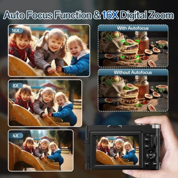 Digital Camera 4K, 48MP 16X Autofocus Digital Zoom Photo Camera, 3 Inch 180 Flip LCD Screen HD Compact Vlog Camera with Charging Station, 2 * 800 mAh Batteries, 32GB Card for Beginners, Children