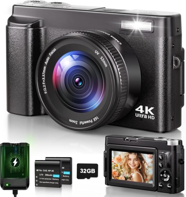 Digital Camera 4K, 48MP 16X Autofocus Digital Zoom Photo Camera, 3 Inch 180 Flip LCD Screen HD Compact Vlog Camera with Charging Station, 2 * 800 mAh Batteries, 32GB Card for Beginners, Children