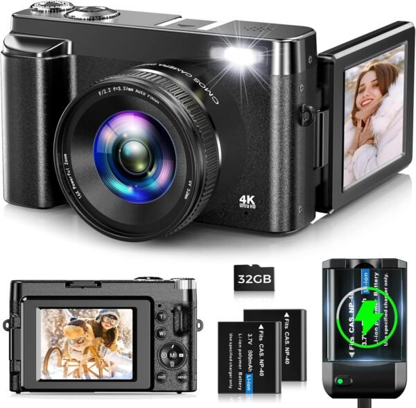 Digital Camera,Oiadek 4K 48MP Autofocus Vlogging Camera with 32G Memory Card 16X Digital Zoom,Compact Digital Camera with 3.0 inch 180 Flip Screen and Battery charger for Teenagers, Beginners,Adults