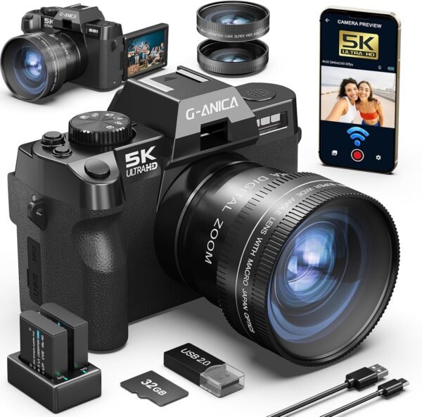 5K Digital Camera, 48MP/60FPS Cameras for Photography, Video/Vlogging Camera for Youtube, WiFi & App Control and Wide-Angle & Macro Lens, Perfect for Entry-Level Users and Beginners(32GB TF Card)