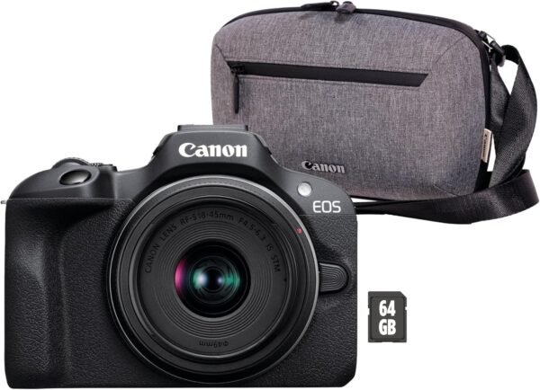 Canon EOS R100 + RF-S 18-45mm F4.5-6.3 IS STM Lens - Compact Mirrorless Digital Camera - 24.1 MP, 4K Video - 6.5fps Continuous Shooting - Face & Eye Detection, Bluetooth, Wi-Fi - Camera Bag+64GB Card