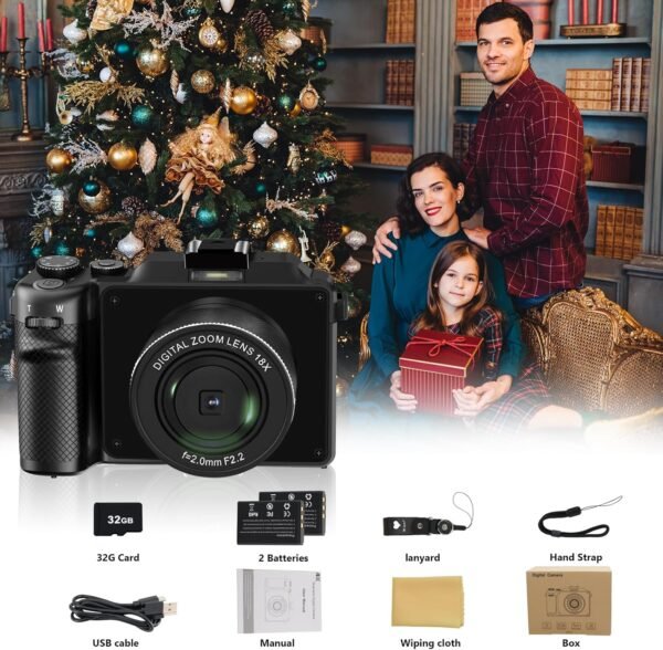 4K Digital Camera,48MP 18X Digital Zoom Autofocus Vlogging Camera with 32G Memory Card 2 Batteries,Cameras for Photography Camcorder for YouTube