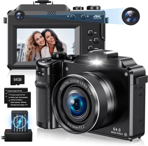 4K Digital Camera for Photography,64MP Vlogging Camera for Youtube,Multi-Filters Video Camera,Travel Camera with Auto Focus,18X Zoom,64G TF Cards,2 Batteries for Beginners-Black