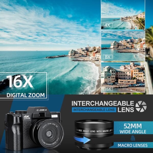 4K Digital Cameras for Photography, 48MP Vlogging Camera for YouTube with WiFi, 180 Flip Screen Compact Camera with Flash, 16X Digital Zoom Travel Camera with Wide-Angle &Macro Lens