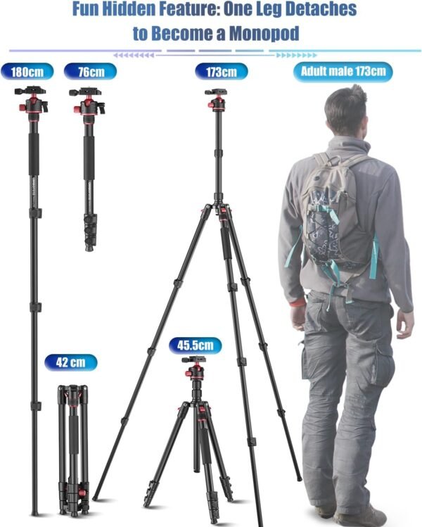 CAMBOFOTO 173cm Professional Camera Photography Tripod, Portable Tripod 173cm/Monopod 180cm, 360-degree Ball Head, Aluminum Tripod, with iPad Clip and Carry Bag