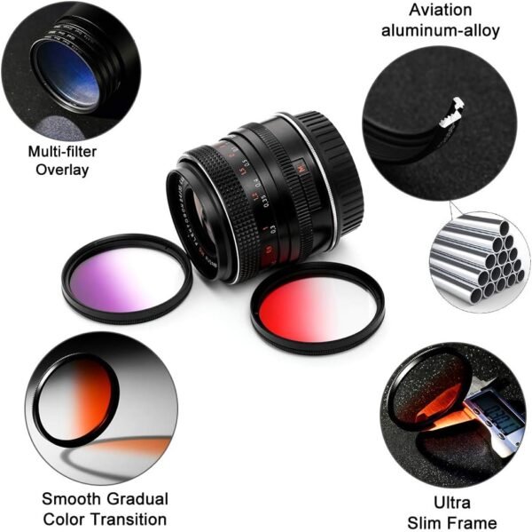 Fotover GCF-5252mm Graduated Colour Filters Kit, 9 Pieces Gradual Colour Lens Filter Kit Set Accessory for Canon Nikon Sony Pentax Olympus Fuji DSLR Camera + Lens Filter Pouch +Lens Cleaning Cloth