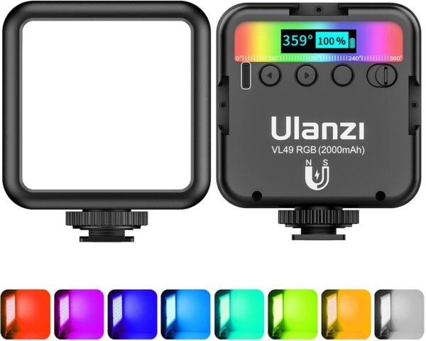 ULANZI Video Light RGB, VL49 Led Camera Light Mini 360 Full-Color w 3 Cold Shoe, Portable Light Rechargable 2500K-9500K, On Camera Light with Support Magnet Adsorption