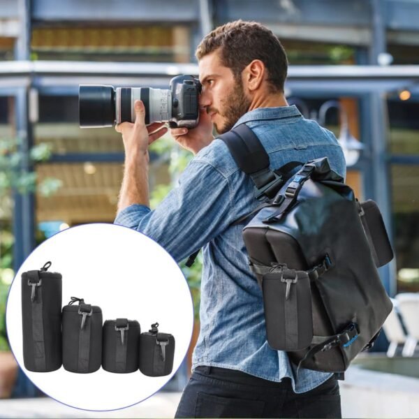 Thick Protective Pouch Set For DSLR Camera Lens, 4PCS Neoprene Small,Medium, Large,Extra Large Soft Plush Lens Bags Wrap Water Resistant Protector Case Black Inside With Deluxe Wrap Storage Bag