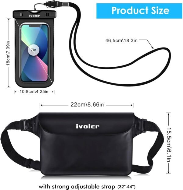 ivoler Waterproof Pouch Bag + Phone Case, Waterproof Case Dry Bag for Beach,Swim,Boating,Kayaking,Hiking,Protect Phone, Camera, Cash, Mp3, Passport, Document From Water, Sand, Snow, Dust – Black