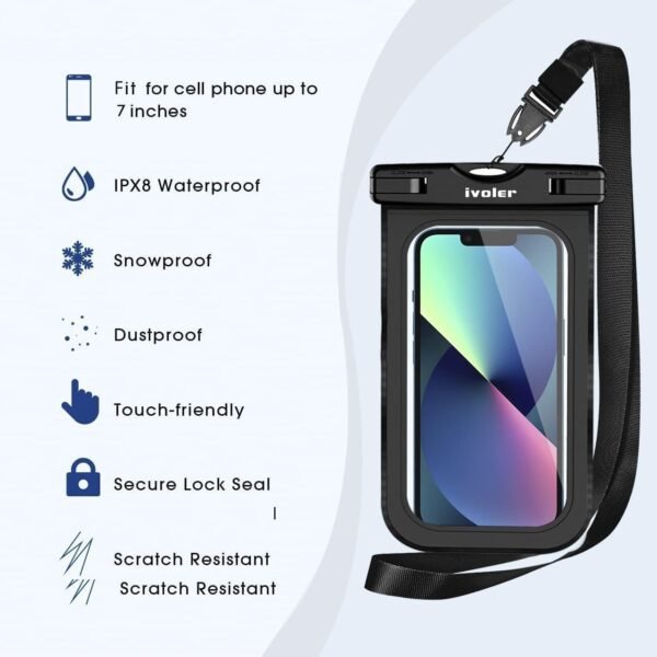 ivoler Waterproof Pouch Bag + Phone Case, Waterproof Case Dry Bag for Beach,Swim,Boating,Kayaking,Hiking,Protect Phone, Camera, Cash, Mp3, Passport, Document From Water, Sand, Snow, Dust – Black