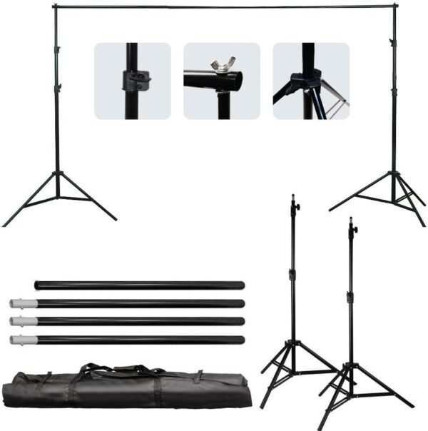 Bonnlo Adjustable Backdrop Stand Kit - 2x3m6.5x9.8ft) Support with Carry Bag and 3 Clamps - Background Support Kit for Photography Video Studio, Birthday or Parties