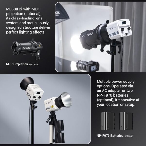 Godox ML60IIBi 70W Bi-Color LED Video Light, 2800K-6500K CRI 96+ TLCI 97+ APP Control Handheld LED Continuous Light for Studio Photography Lighting with Battery Accessory Kit AK-B01 Bracket Handle