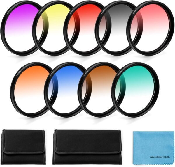 Fotover GCF-5252mm Graduated Colour Filters Kit, 9 Pieces Gradual Colour Lens Filter Kit Set Accessory for Canon Nikon Sony Pentax Olympus Fuji DSLR Camera + Lens Filter Pouch +Lens Cleaning Cloth