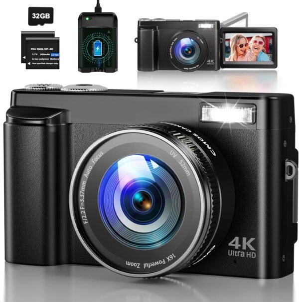 Digital Camera 4K, 48MP Autofocus Vlogging Camera with 32G Card, Rechargeable Compact Digital Camera with 3.0 inch 180 Flip Screen 16X Digital Zoom for Teenagers, Beginners, Adults Black