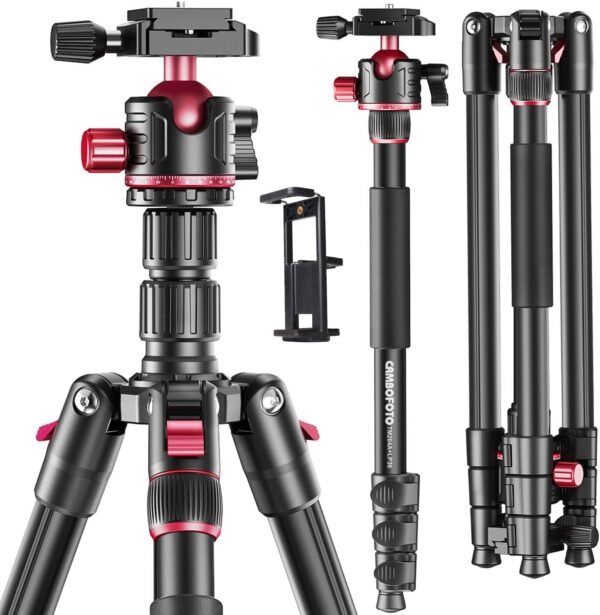 CAMBOFOTO 173cm Professional Camera Photography Tripod, Portable Tripod 173cm/Monopod 180cm, 360-degree Ball Head, Aluminum Tripod, with iPad Clip and Carry Bag