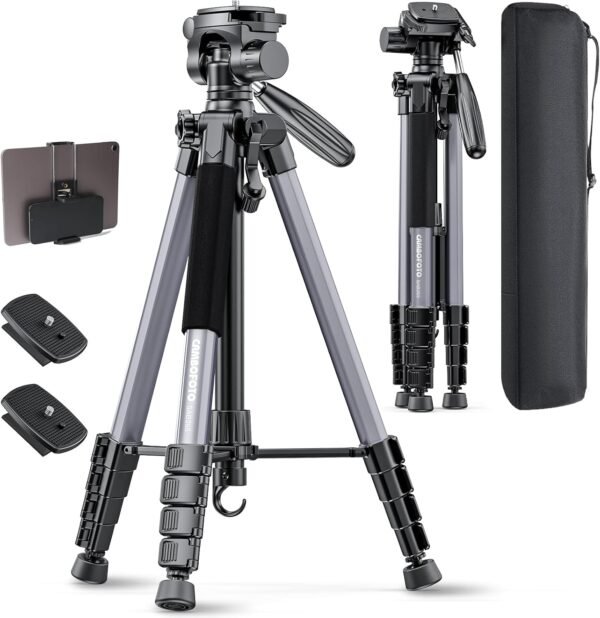 CAMBOFOTO Professional 74" Lightweight Aluminum Tripod for Camera/DSLR/Phone, Portable Travel Tripod with 360 Ball Head, Phone Holder & Carry Bag (Gunmetal Gray)