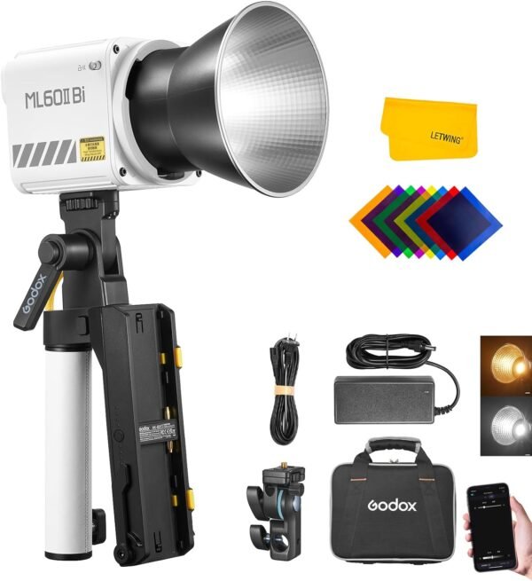 Godox ML60IIBi 70W Bi-Color LED Video Light, 2800K-6500K CRI 96+ TLCI 97+ APP Control Handheld LED Continuous Light for Studio Photography Lighting with Battery Accessory Kit AK-B01 Bracket Handle