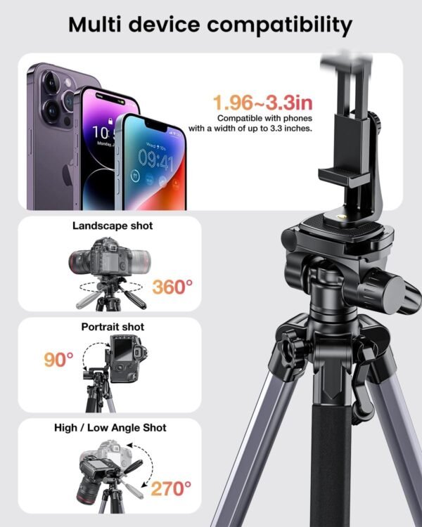 CAMBOFOTO Professional 74″ Lightweight Aluminum Tripod for Camera/DSLR/Phone, Portable Travel Tripod with 360 Ball Head, Phone Holder & Carry Bag (Gunmetal Gray)