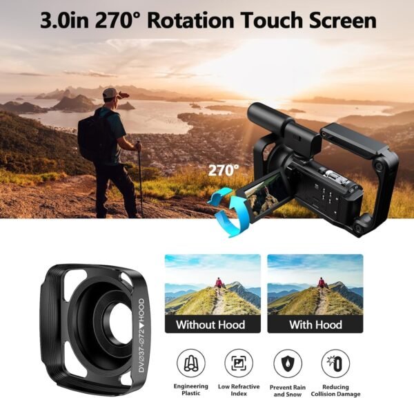 Camcorder Video Camera, 5K 56MP WiFi 3” 270 Rotatable Touchscreen Vlogging Camera Youtube Camera Podcast Recorder Video Camera with 64GB SD Card, Remote, Batteries, Hood, Microphone, Tripod