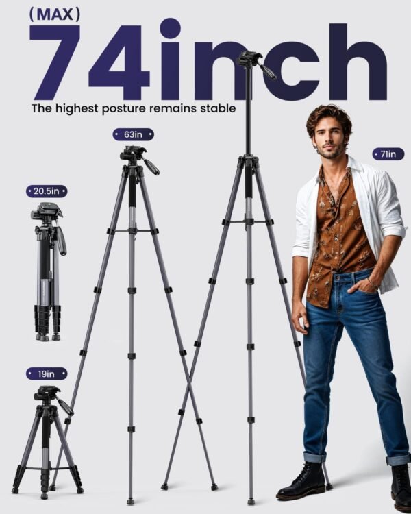 CAMBOFOTO Professional 74″ Lightweight Aluminum Tripod for Camera/DSLR/Phone, Portable Travel Tripod with 360 Ball Head, Phone Holder & Carry Bag (Gunmetal Gray)