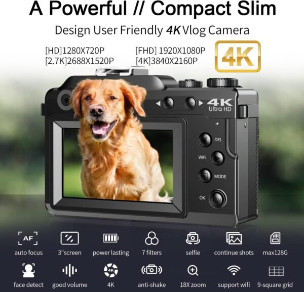 Digital Camera 4K, 48MP Autofocus Digital Camera Selfie Camera for Photography, Compact Digital Camera,Vlogging Camera for Youtube with Anti-shake, Flash,16X Digital Zoom, 32GB Card