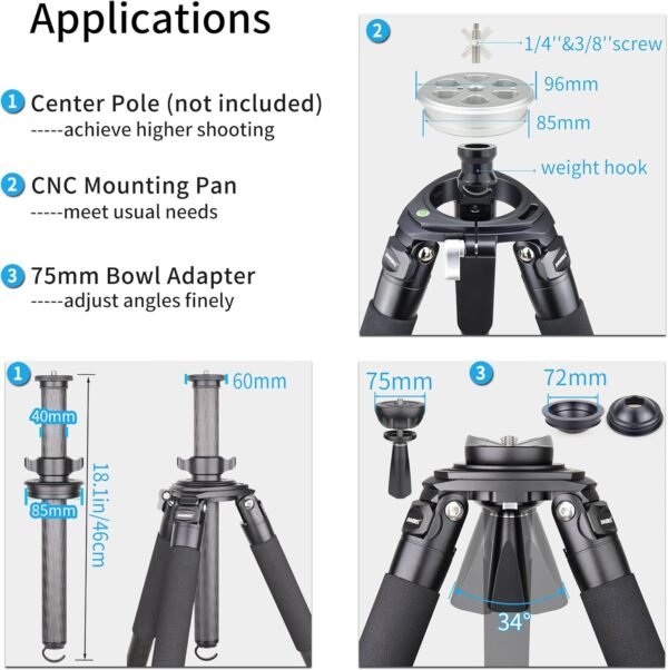 INNOREL RT90C Systematic Tripod 63in/160cm Professional Carbon Fiber Heavy Duty Camera Tripod Max Tube 40mm Max Load 88lb/40kg with 75mm Bowl Adapter Tripod Bag Spikes Ultra Stable(Tripod+BL75N)