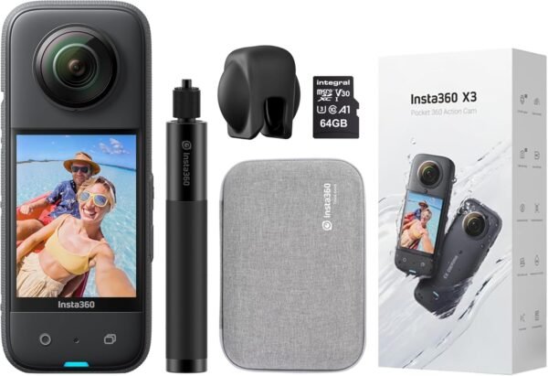 Insta360 X3 360 Degree Action Camera PROFESSIONAL Kit inc: Invisible Selfie Stick + Insta360 X Series Carry Case + Lens Cap + 64GB