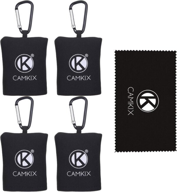 Camkix Cleaning Cloth with Open Bottom Pouch and Carabiner – 4 Pack – Pull Out Microfiber Cloth (7.9″ x 7.9″) – For Delicate Surfaces and Sensitive Optics – Glasses, Camera Lenses, Gadget Screens