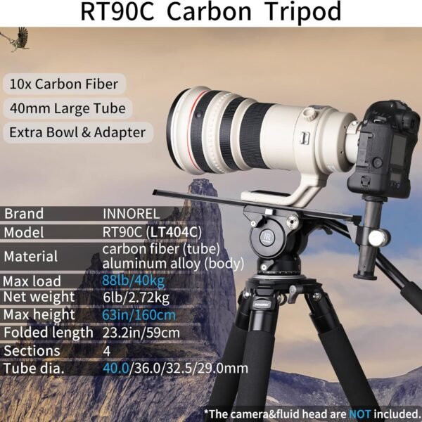 INNOREL RT90C Systematic Tripod 63in/160cm Professional Carbon Fiber Heavy Duty Camera Tripod Max Tube 40mm Max Load 88lb/40kg with 75mm Bowl Adapter Tripod Bag Spikes Ultra Stable(Tripod+BL75N)