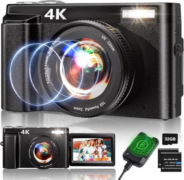 4K Digital Camera,48MP Autofocus Video Camera with 32G Card, 2.7'' 180Flip Screen Vlogging Camera for Youtube 16X Digital Zoom with Flash, Rechargeable Compact Camera for Teens Beginners Adults