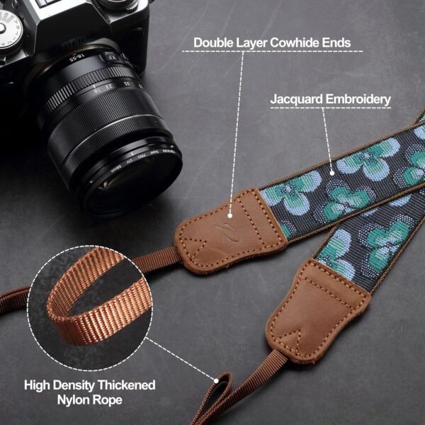 Camera Strap – 1.5″ Cowhide Head Shoulder Neck Strap ,Retro Jacquard Embroidery Multi-pattern camera straps for Cameras and Binoculars,Cute Adjustable Thin Strap for Adults & Kids(Plum Embroidery